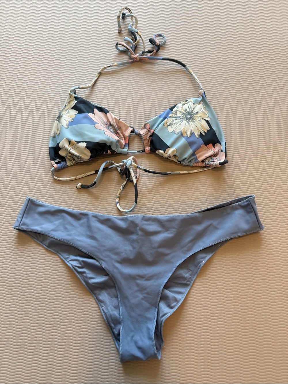 Floral Tie-Back Bikini Top & Blue Bottoms - Women Swim